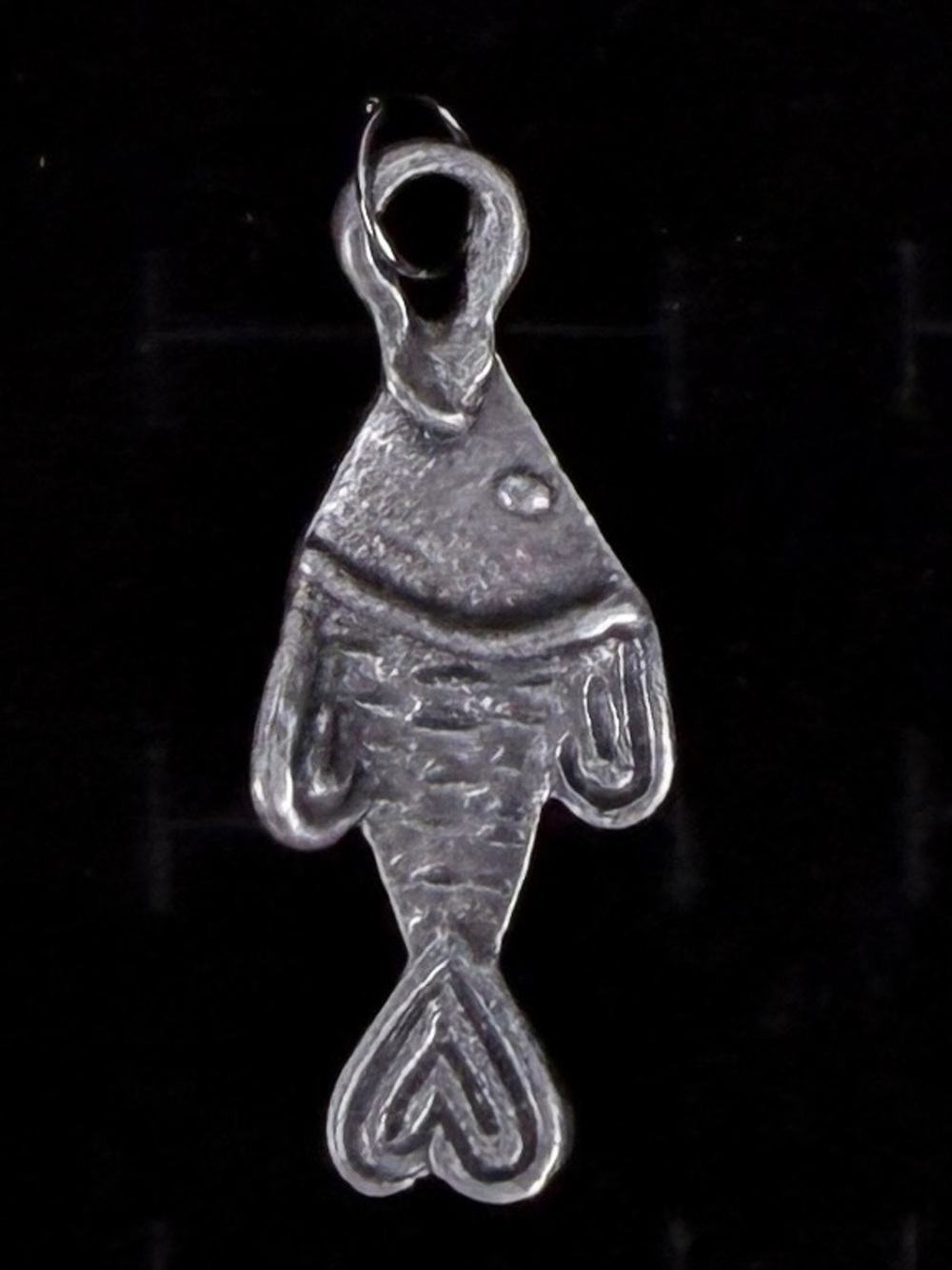 Vintage aged silvertone carved fish pendant + free 16” cord necklace